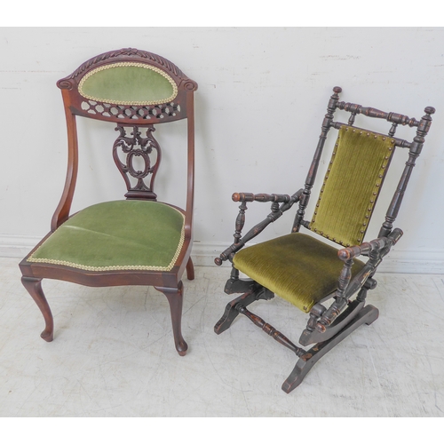 352 - An early 20th century American-style child's stained-wood upholstered rocking chair (42cm wide x 69c... 