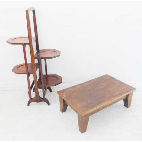 368 - An early 20th century folding four-shelf oak cake-stand (86cm high) and a low stained-wood occasiona... 