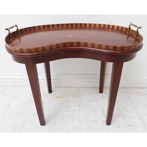 374 - A late 19th century kidney-shaped mahogany serving tray on later stand (now as a table): two brass h... 