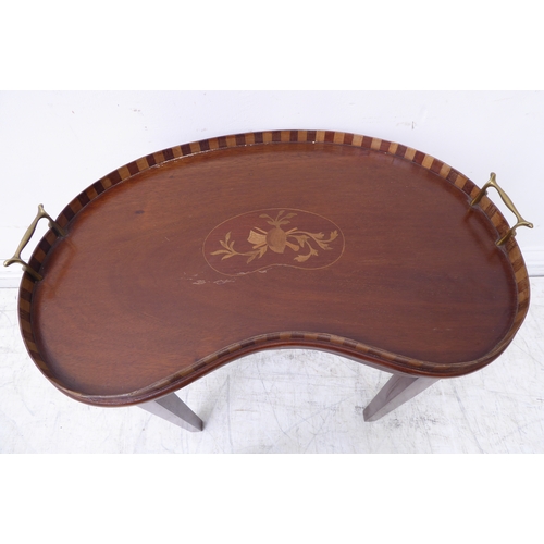 374 - A late 19th century kidney-shaped mahogany serving tray on later stand (now as a table): two brass h... 