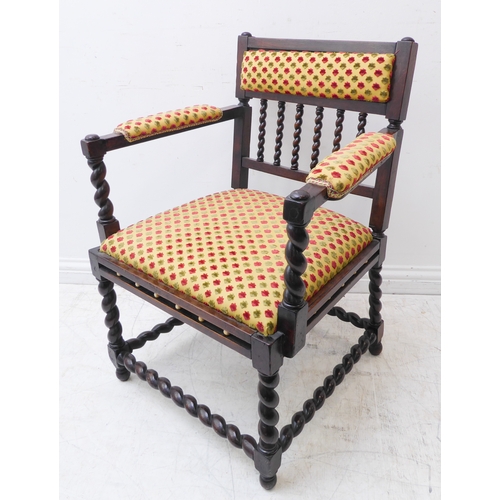 378 - An early 20th century stained wood open armchair: stuffover top rail above barley-twist verticals, c... 