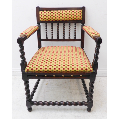 378 - An early 20th century stained wood open armchair: stuffover top rail above barley-twist verticals, c... 