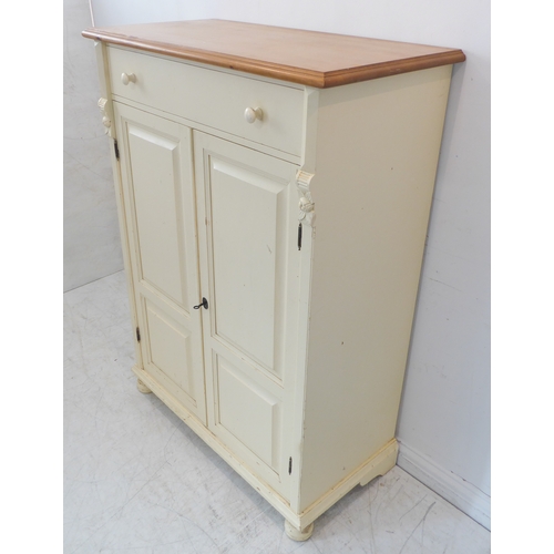 400 - A shabby-chic-style cupboard: natural pine top above a painted base with full-width drawer and two v... 