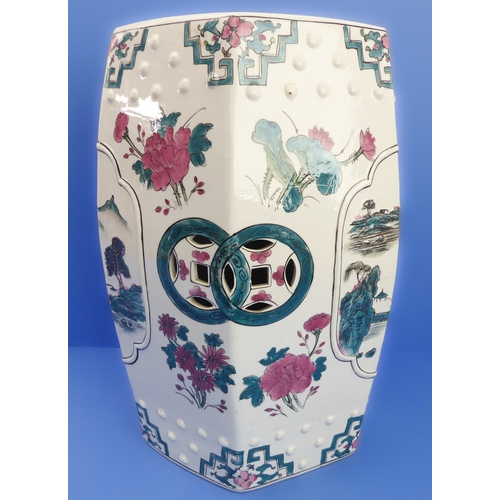 52 - A hexagonal Chinese ceramic garden seat decorated with flowers and lanterns (32cm wide x 48cm high)