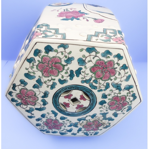 52 - A hexagonal Chinese ceramic garden seat decorated with flowers and lanterns (32cm wide x 48cm high)