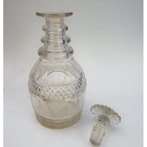 59 - A 19th century ring-neck cut-glass decanter (probably Irish) with original mushroom stopper (nibbled... 