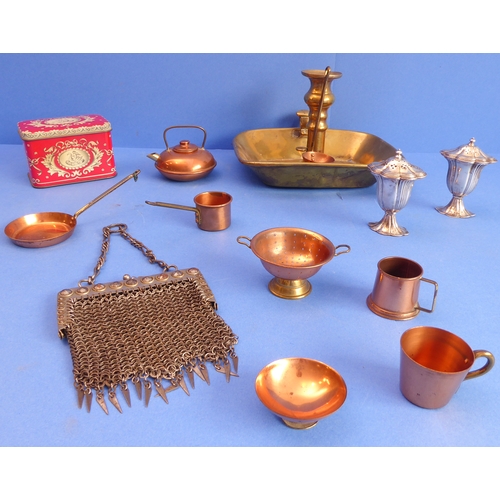 77 - A 19th century brass chamberstick and other metalware to include a pair of hallmarked silver peppere... 