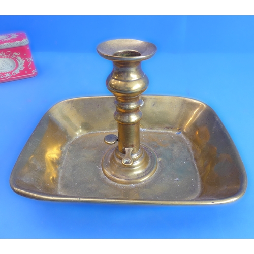 77 - A 19th century brass chamberstick and other metalware to include a pair of hallmarked silver peppere... 