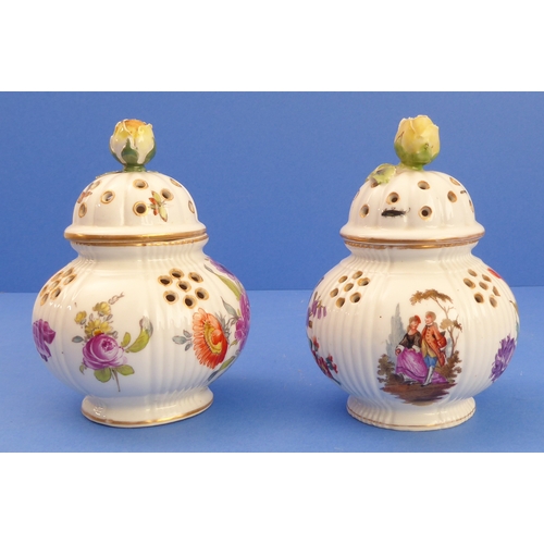 1 - A pair of late 19th century Dresden-style potpourris of baluster form: each cover with flowerhead fi... 