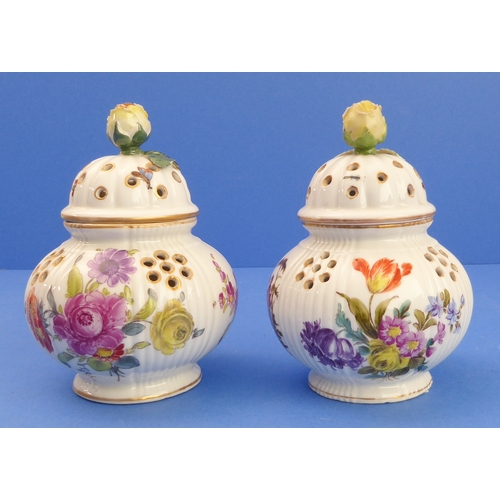 1 - A pair of late 19th century Dresden-style potpourris of baluster form: each cover with flowerhead fi... 