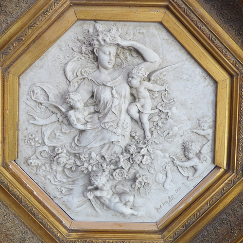 187 - An octagonal gilt-framed classical-style marbleised relief (modern): swooning maiden (possibly Aphro... 