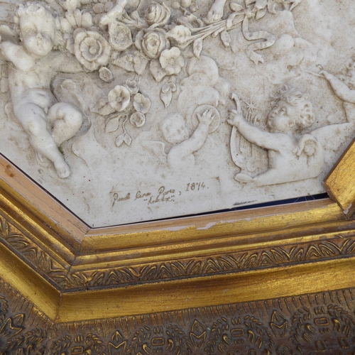 187 - An octagonal gilt-framed classical-style marbleised relief (modern): swooning maiden (possibly Aphro... 