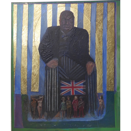 222 - PHILIP SMITH  A.R.C.A. (1928-2018) - oil and mixed media on board - 'Churchill Enthroned' (frame siz... 