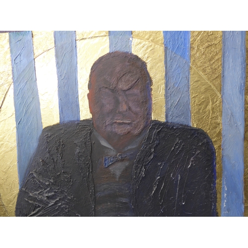 222 - PHILIP SMITH  A.R.C.A. (1928-2018) - oil and mixed media on board - 'Churchill Enthroned' (frame siz... 