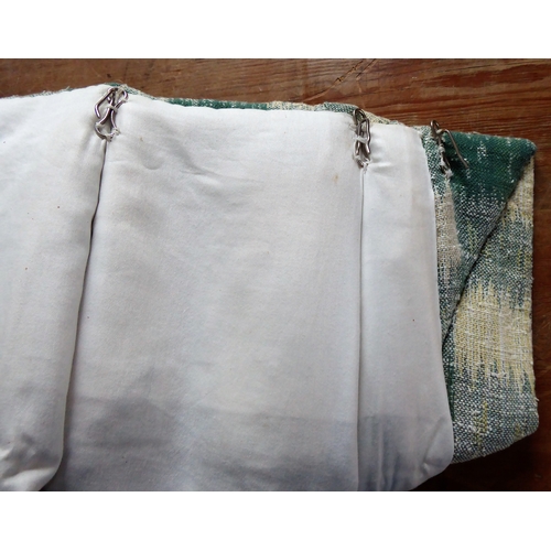 254 - A pair of heavy green and cream linen curtains; goblet heading with integrated pelmet, thermal linin... 