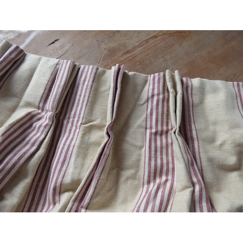 257 - A pair of cream linen-type curtains with burgundy stripes; pinch pleat heading, waterproof lining (e... 