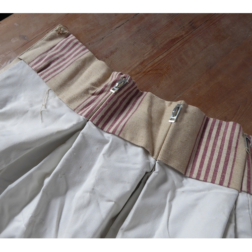 257 - A pair of cream linen-type curtains with burgundy stripes; pinch pleat heading, waterproof lining (e... 