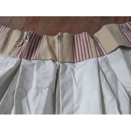 258 - A pair of cream linen-type curtains with burgundy stripes; pinch pleat heading, waterproof lining (e... 