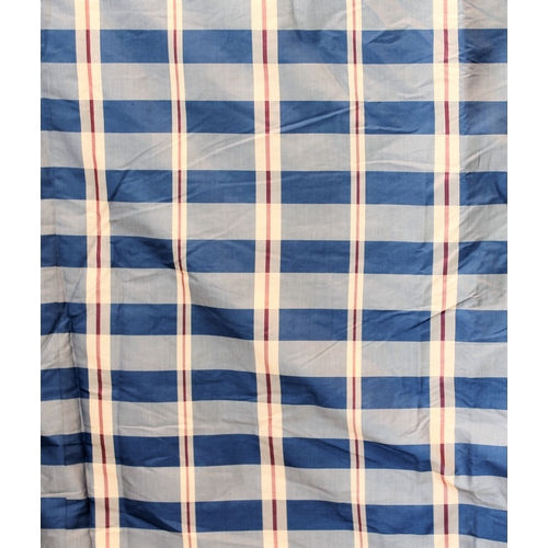 263 - A large double-sided bedspread in blue tartan silk effect fabric one side and a cream linen fabric o... 