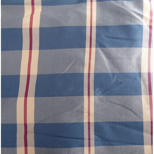 263 - A large double-sided bedspread in blue tartan silk effect fabric one side and a cream linen fabric o... 