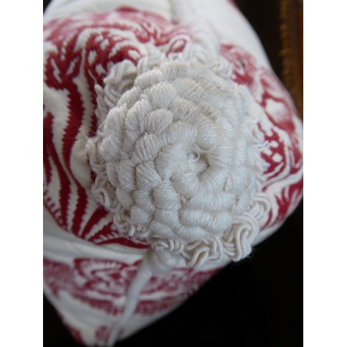 267 - Two large cream cushions with a burgundy floral design, removable covers, feather cushion pad, cream... 