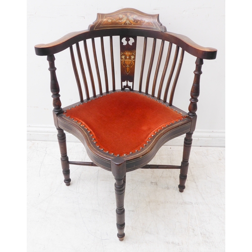 282 - A late 19th to early 20th century mahogany, strung and marquetry corner chair: the top rail depictin... 