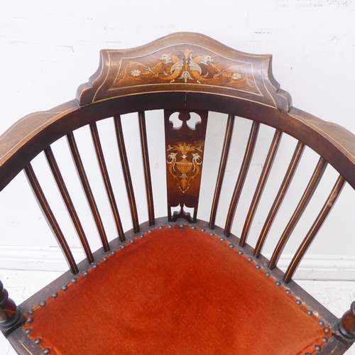 282 - A late 19th to early 20th century mahogany, strung and marquetry corner chair: the top rail depictin... 