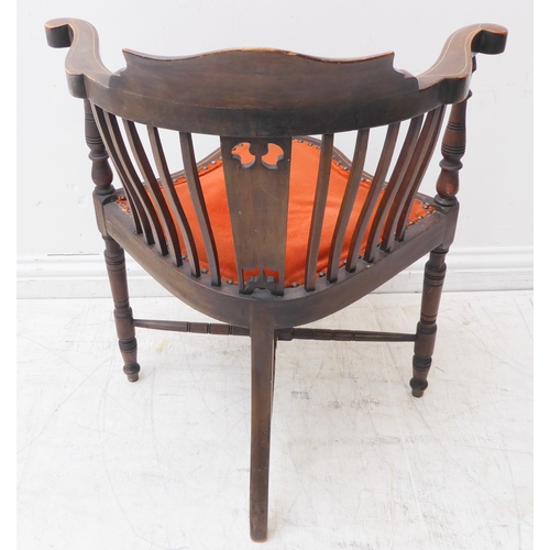 282 - A late 19th to early 20th century mahogany, strung and marquetry corner chair: the top rail depictin... 