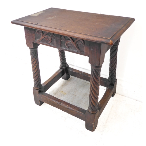 299 - A good 17th century style (reproduction) oak joint stool: the moulded overhanging top above end and ... 