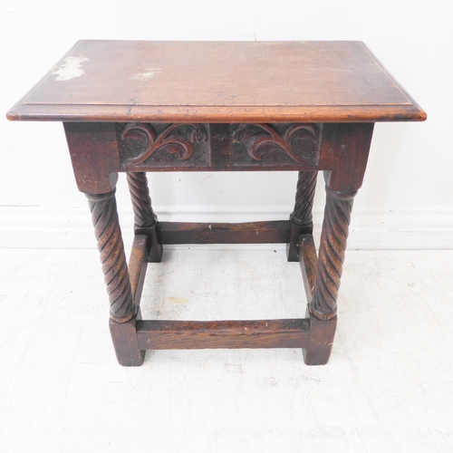 299 - A good 17th century style (reproduction) oak joint stool: the moulded overhanging top above end and ... 