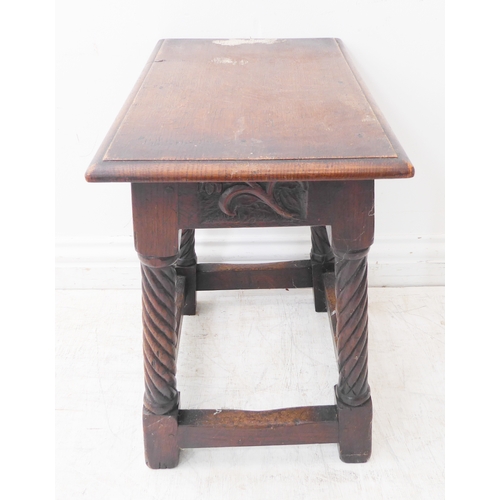 299 - A good 17th century style (reproduction) oak joint stool: the moulded overhanging top above end and ... 