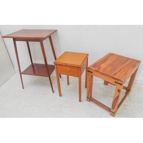 301 - An Edwardian mahogany occasional table with overhanging top above square tapering legs united by a s... 