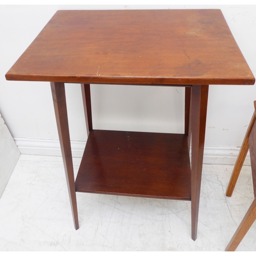 301 - An Edwardian mahogany occasional table with overhanging top above square tapering legs united by a s... 