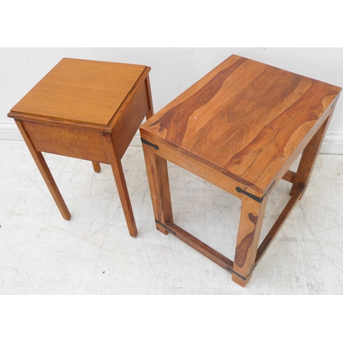 301 - An Edwardian mahogany occasional table with overhanging top above square tapering legs united by a s... 