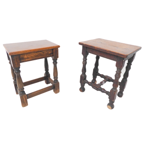 348 - A 19th century oak joint stool in 17th century style: the slightly overhanging top above turned and ... 