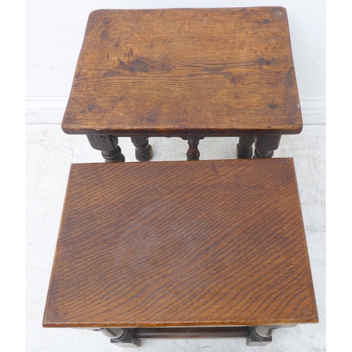 348 - A 19th century oak joint stool in 17th century style: the slightly overhanging top above turned and ... 