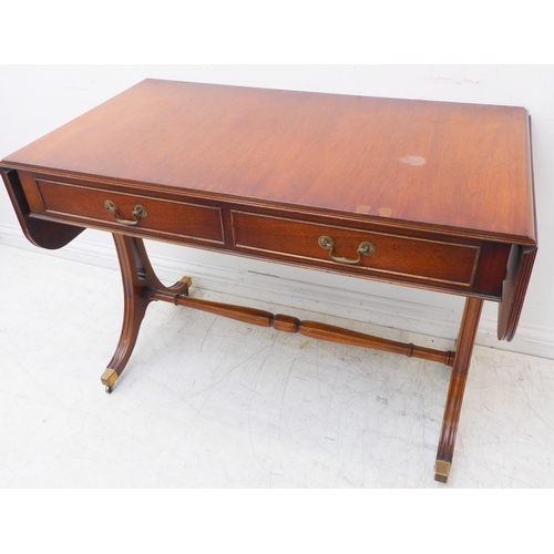 351 - A reproduction mahogany Regency-style sofa table: two true drawers and two dummy drawers opposing, d... 