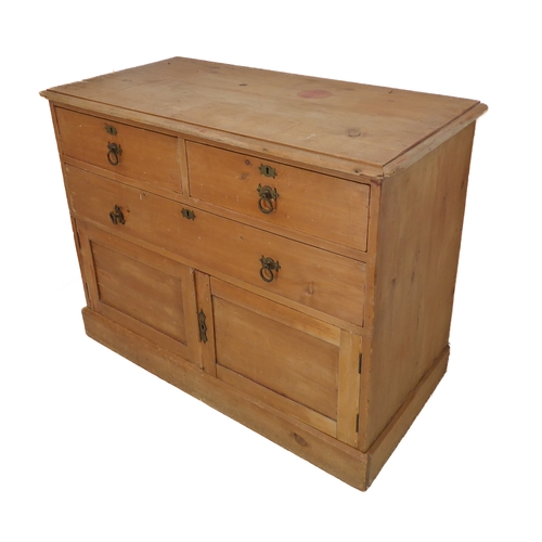 395 - A 19th century pine chest: moulded top above two half-width and a single full-width drawer, two pane... 