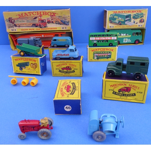 411 - Seven boxed Matchbox die-cast models, two unboxed and one empty box.
 7 BOXED: 
 Racing Car Transpor... 