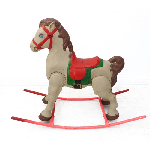 441 - An original hand-decorated tin rocking horse (79cm high x 102cm long (the rockers), together with a ... 