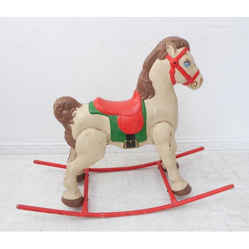 441 - An original hand-decorated tin rocking horse (79cm high x 102cm long (the rockers), together with a ... 