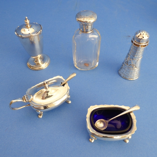 91 - Hallmarked silver comprising:
 a matching mustard and salt (both with blue glass liner and spoon);
 ... 