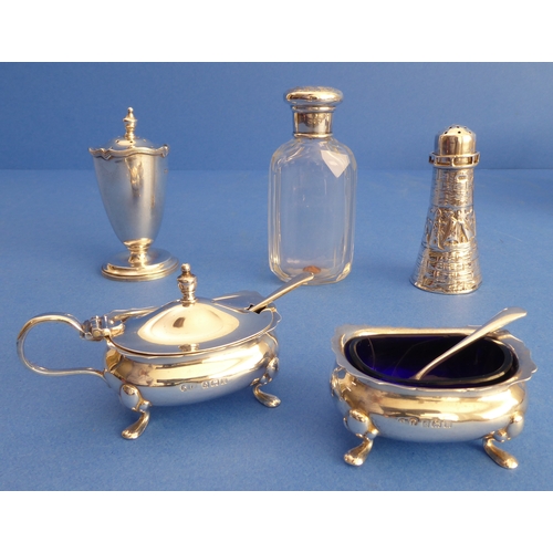 91 - Hallmarked silver comprising:
 a matching mustard and salt (both with blue glass liner and spoon);
 ... 