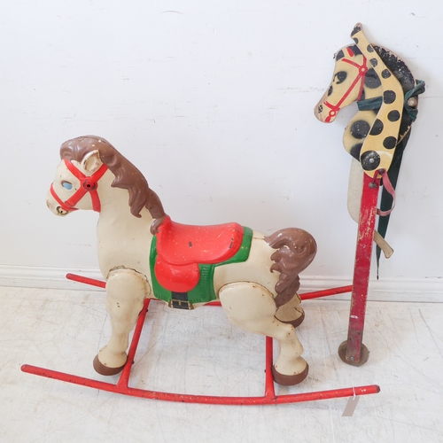 441 - An original hand-decorated tin rocking horse (79cm high x 102cm long (the rockers), together with a ... 