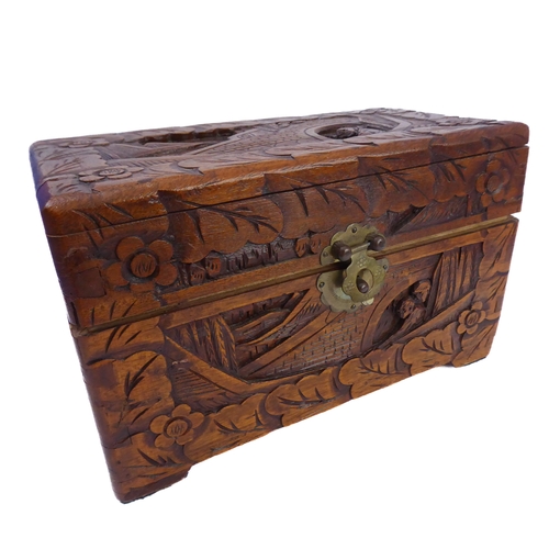 196 - A Chinese casket with carved exterior, an Art Deco musical cigar box and a turned alabaster bowl (3)... 