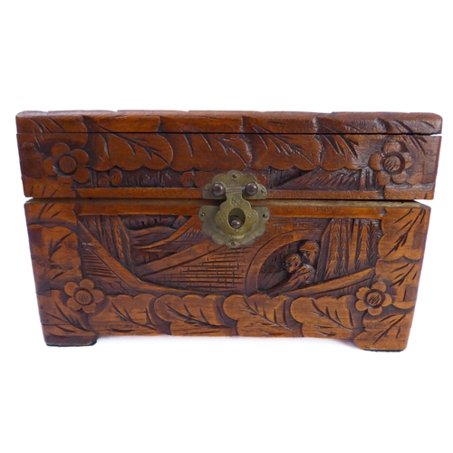 196 - A Chinese casket with carved exterior, an Art Deco musical cigar box and a turned alabaster bowl (3)... 