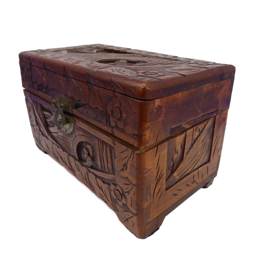 196 - A Chinese casket with carved exterior, an Art Deco musical cigar box and a turned alabaster bowl (3)... 