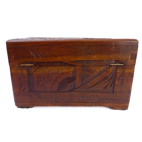 196 - A Chinese casket with carved exterior, an Art Deco musical cigar box and a turned alabaster bowl (3)... 