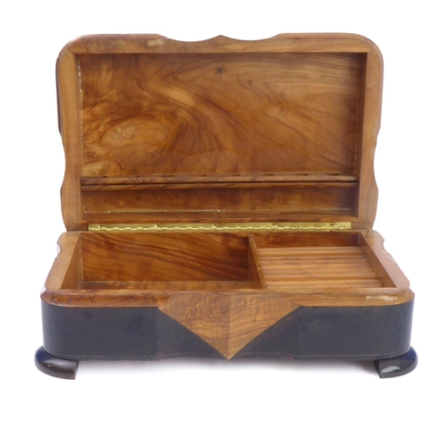 196 - A Chinese casket with carved exterior, an Art Deco musical cigar box and a turned alabaster bowl (3)... 