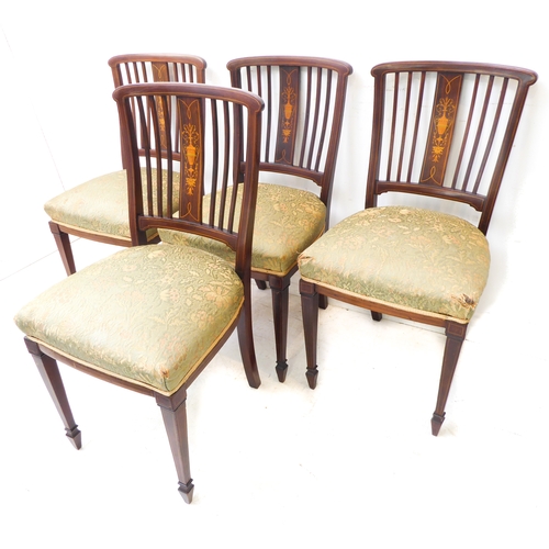 280 - A good set of four Edwardian mahogany and boxwood strung salon chairs; each with central vertical co... 